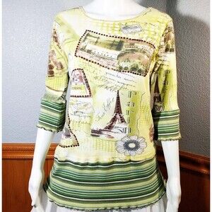 Upcycled Womens Tunic Top green brown cotton Paris theme sequins 3/4 sleeves S-M